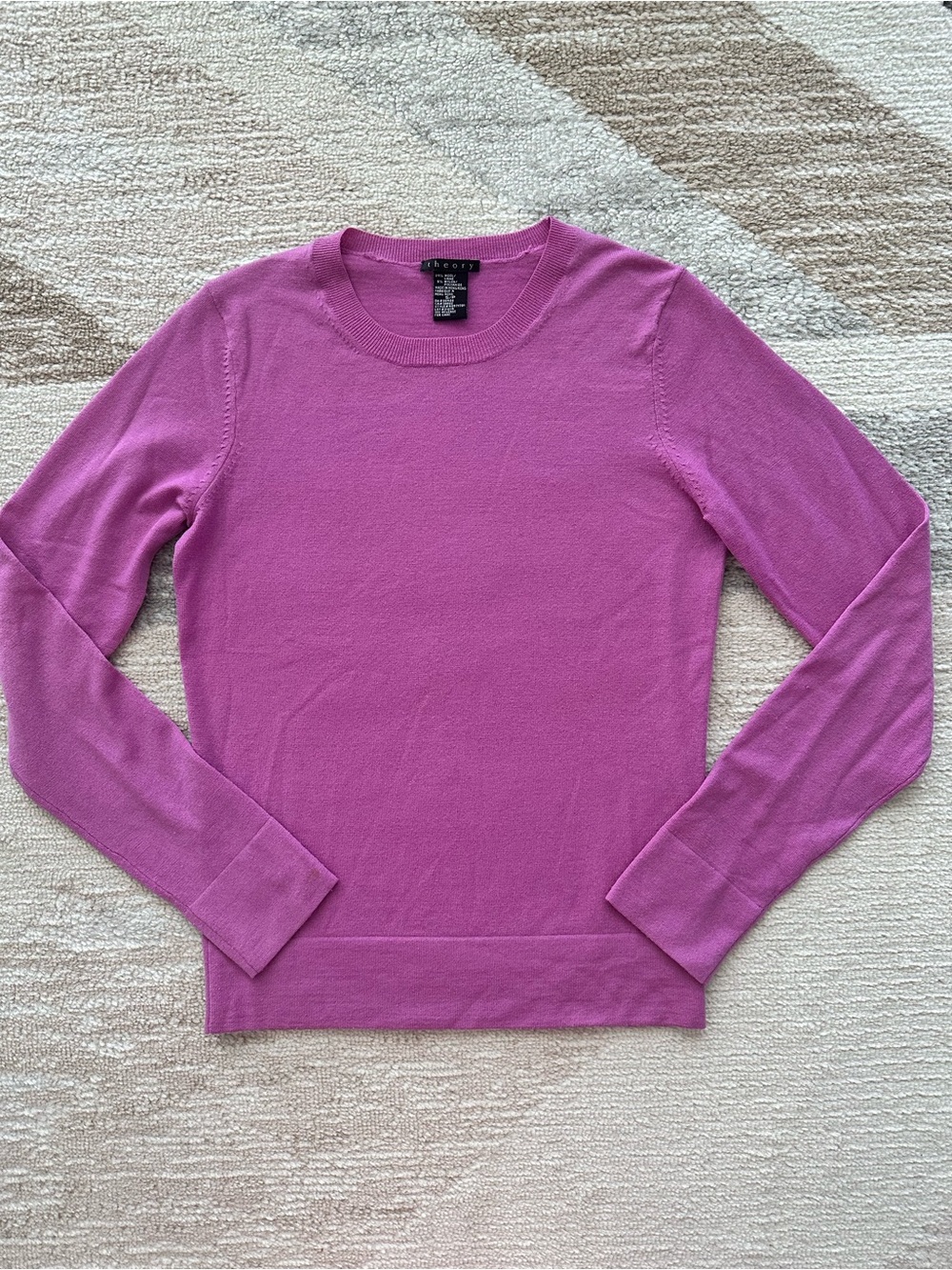 Theory Scoopneck Long-sleeve Wool Sweater in Bright Pink Size S